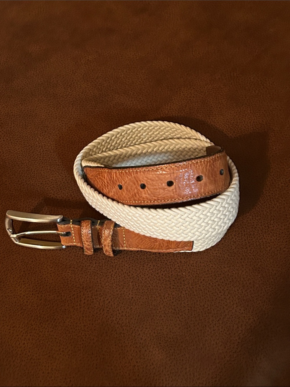 Men's Woven Cream and Brown Leather Belt - Classic Casual
